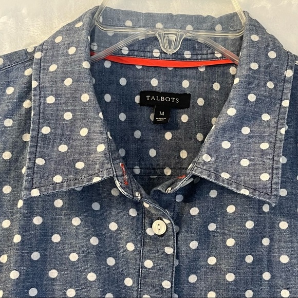 Talbots Chambray Blue White Polka Dot Button Down Shirt Sz 14 Long Sleeve Cotton - Picture 6 of 8